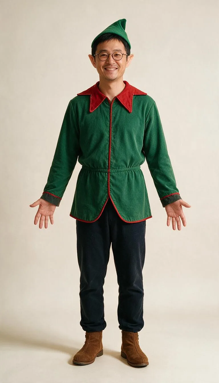 Same fictional adult with glasses in a green elf outfit with red trim and pointed ears