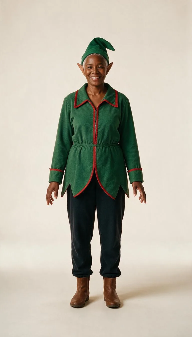 Same fictional adult in a green pointed hat, red-trimmed tunic and brown boots