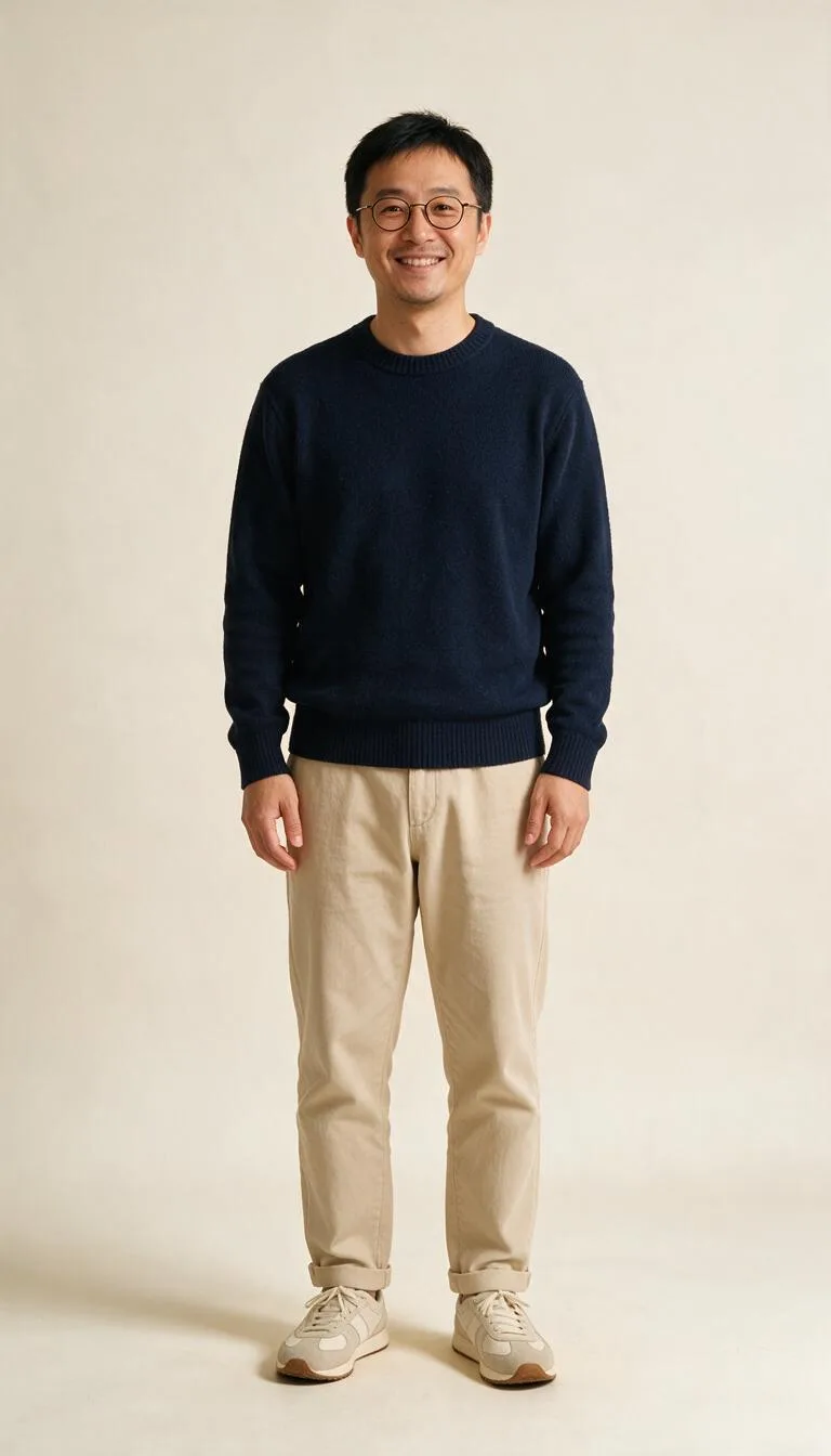 Fictional adult with round glasses wearing a navy sweater