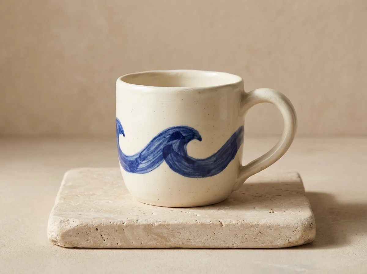 Taza de cerámica con una ola azul