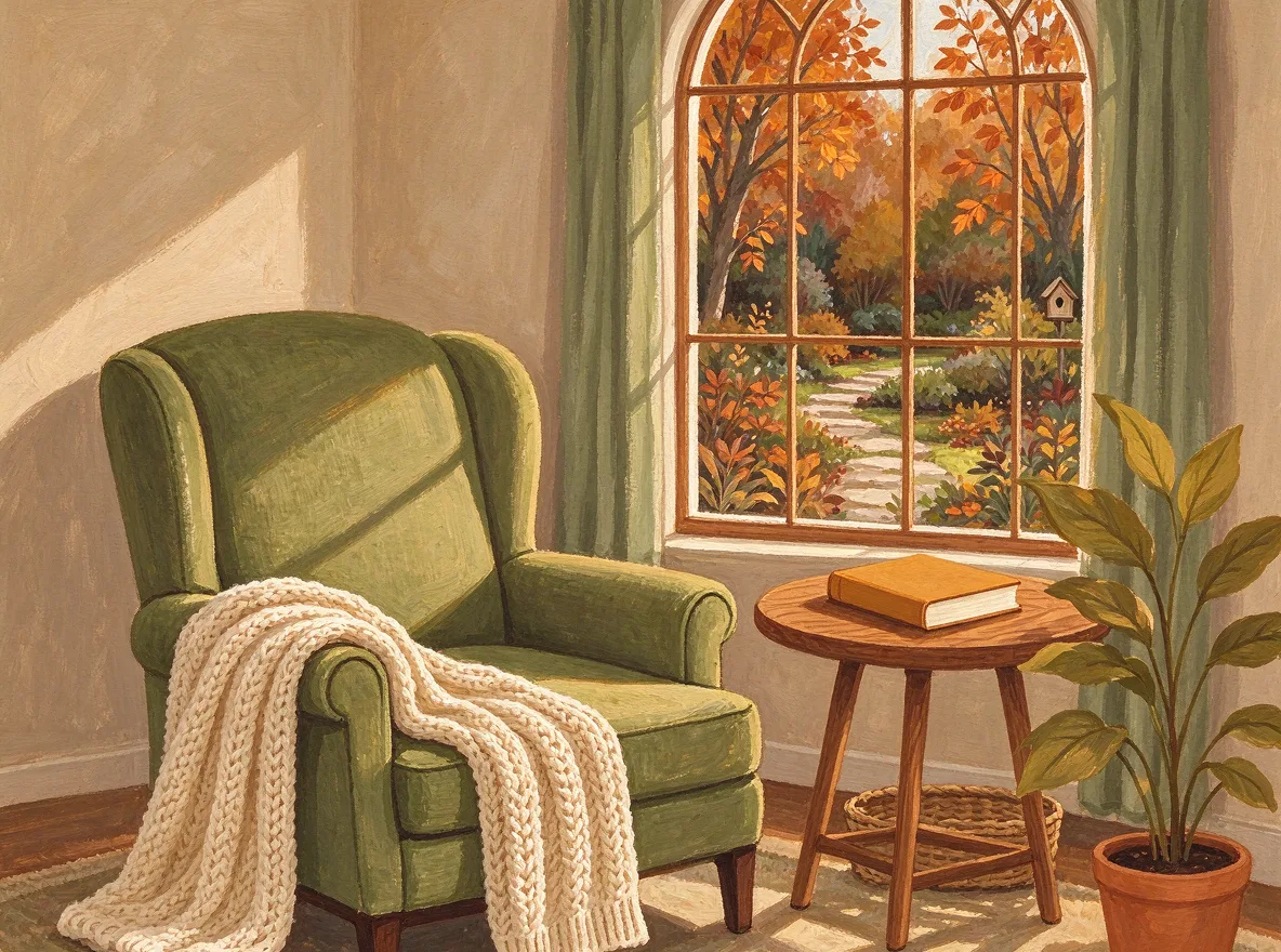 Rincón en gouache más cálido con jardín otoñal detallado y mesa adelantada