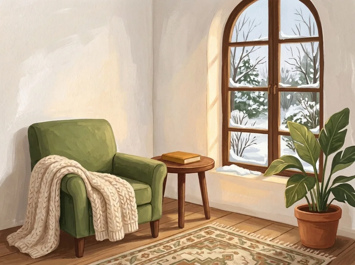 Rincón de lectura con vistas de invierno
