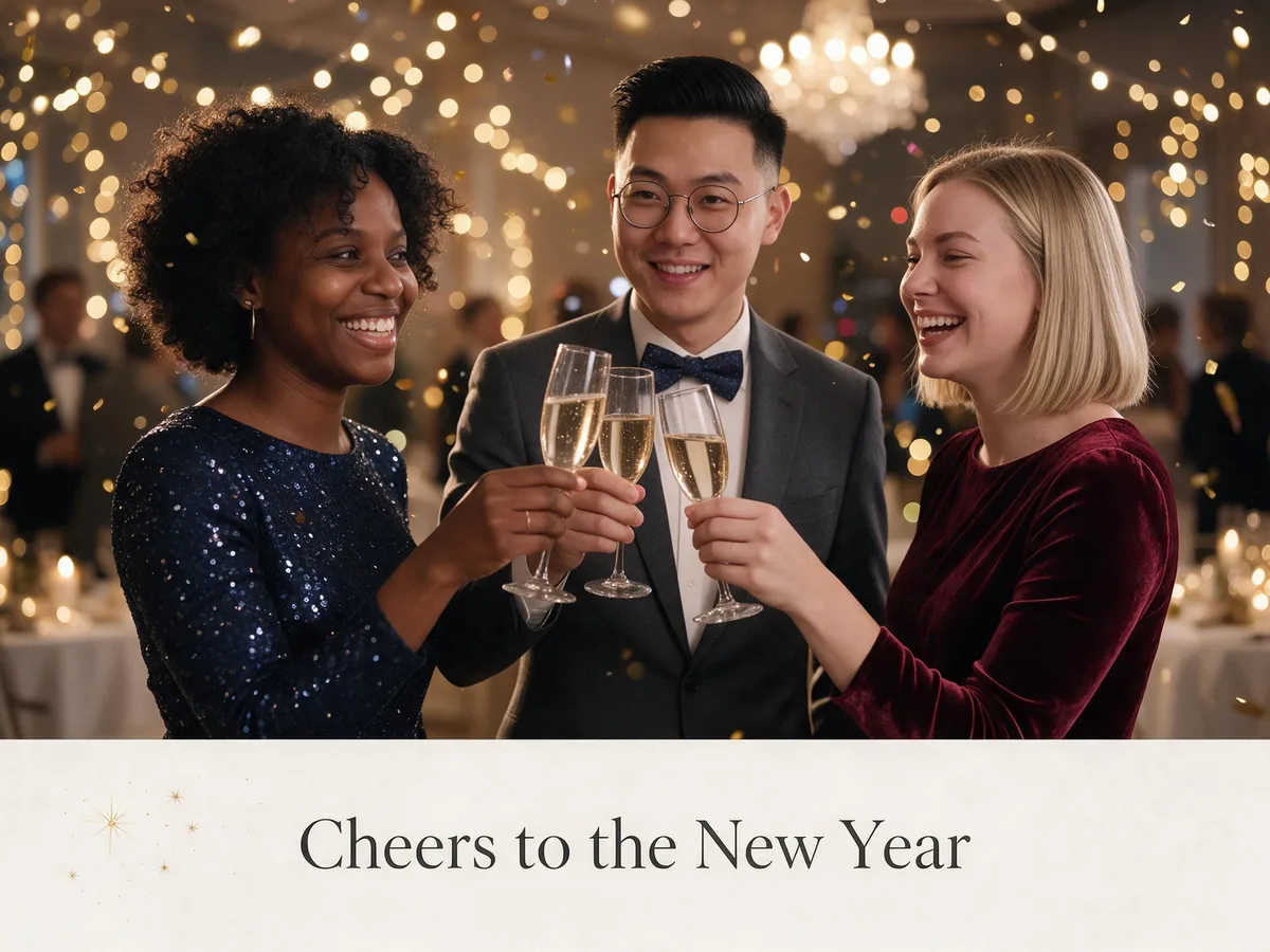 Three friends in evening clothes clinking champagne glasses under golden lights and confetti, with Cheers to the New Year in serif type on a white band below