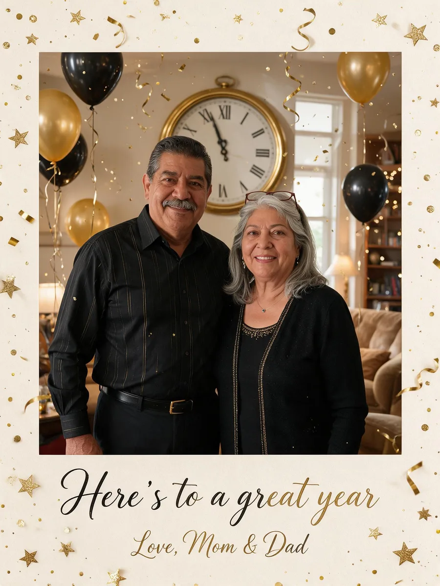 Framed cream card of the older couple at a home party with a clock near midnight, gold balloons and the words Here's to a great year, Love, Mom and Dad