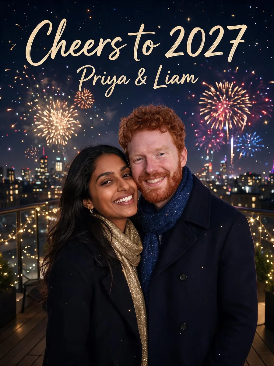 Full-photo card of the couple on a rooftop at night with fireworks over the skyline and the words Cheers to 2027, Priya and Liam