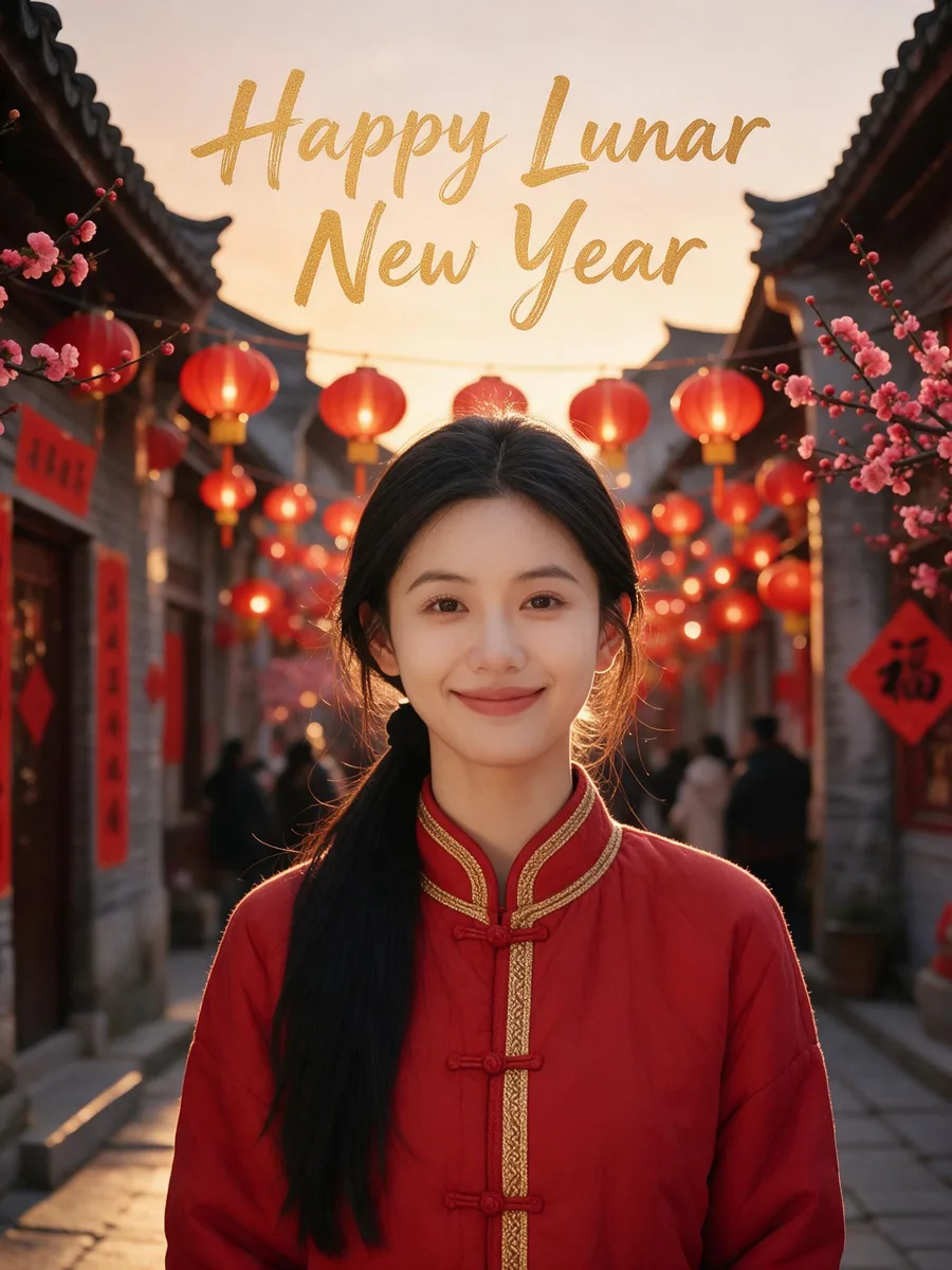 The same woman in a red padded jacket with knot buttons on a lantern-lit street at dusk, with Happy Lunar New Year lettered above
