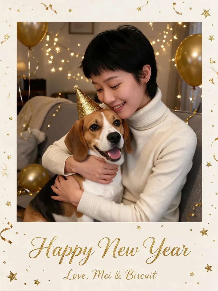 Framed card of the woman hugging her beagle, now wearing a gold party hat, with the words Happy New Year, Love, Mei and Biscuit