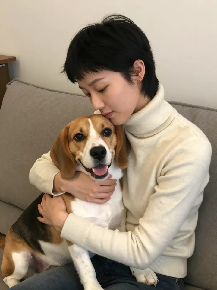A woman with a short black pixie cut hugging a brown and white beagle on a sofa