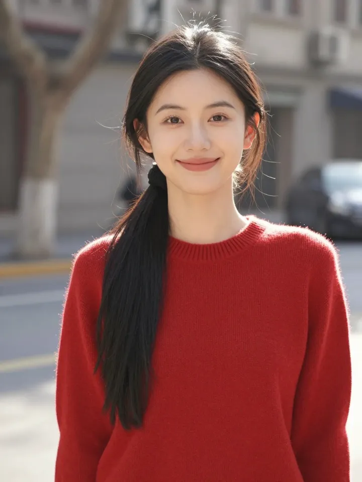 A young woman with a long black ponytail in a red sweater on a city street