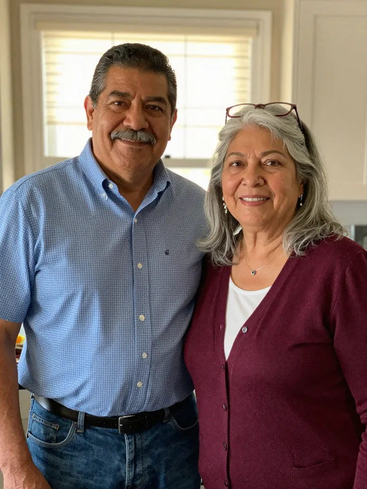 A couple in their sixties standing arm in arm in their kitchen