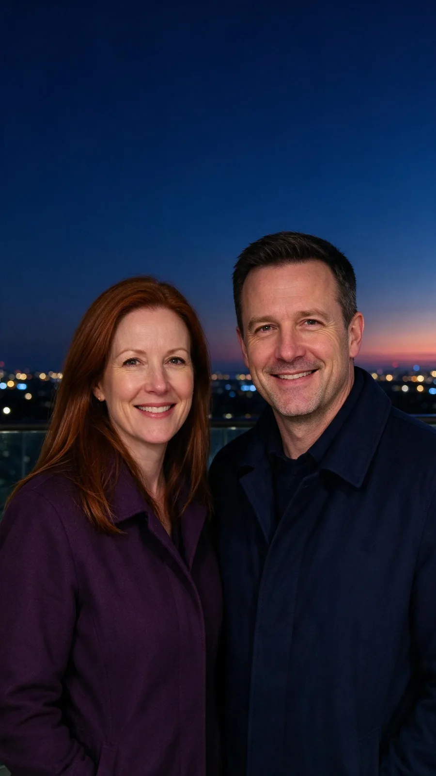 Two fictional adult friends in plum and navy coats on a balcony