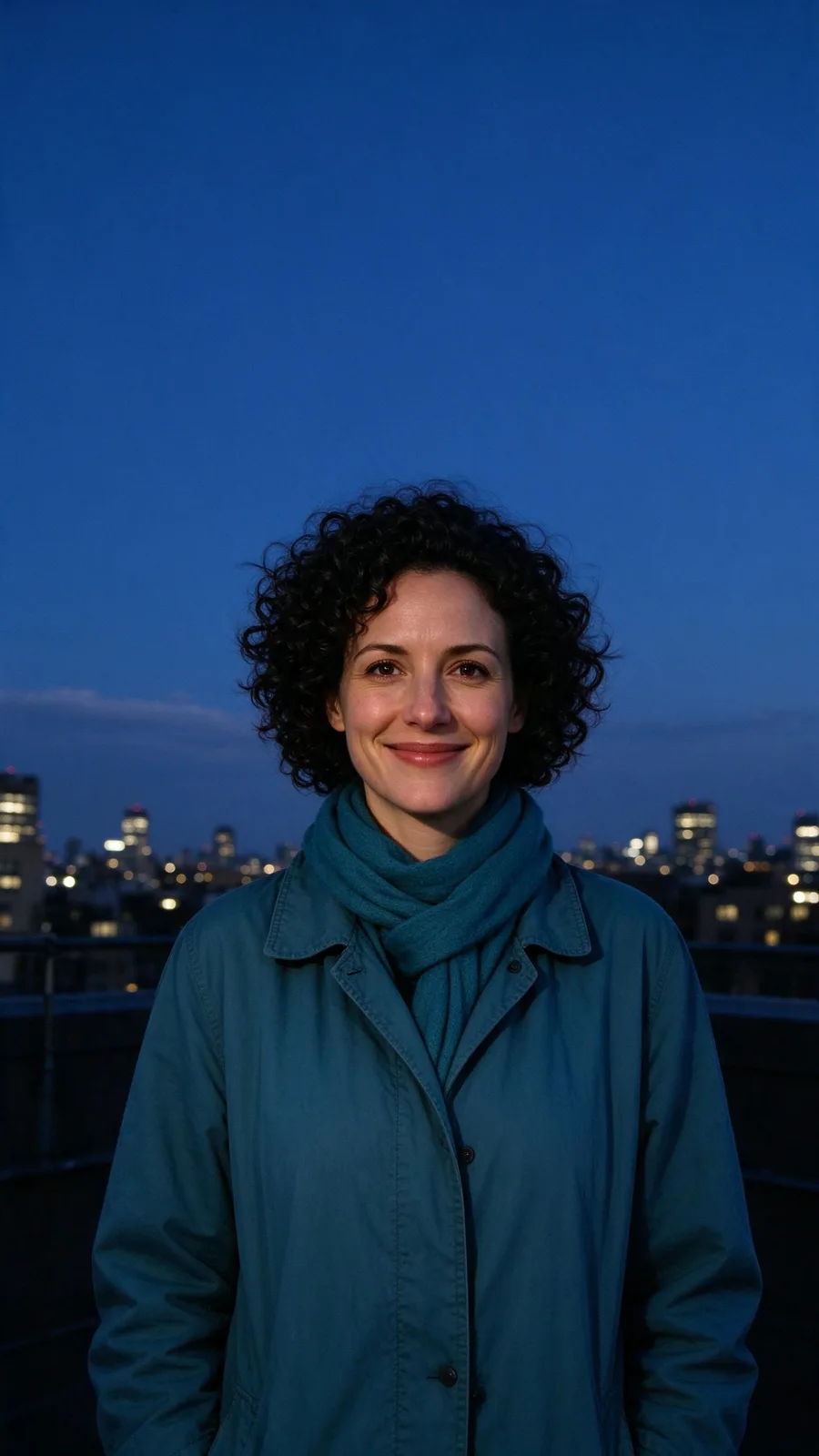 Fictional adult woman in a teal coat beneath open blue evening sky