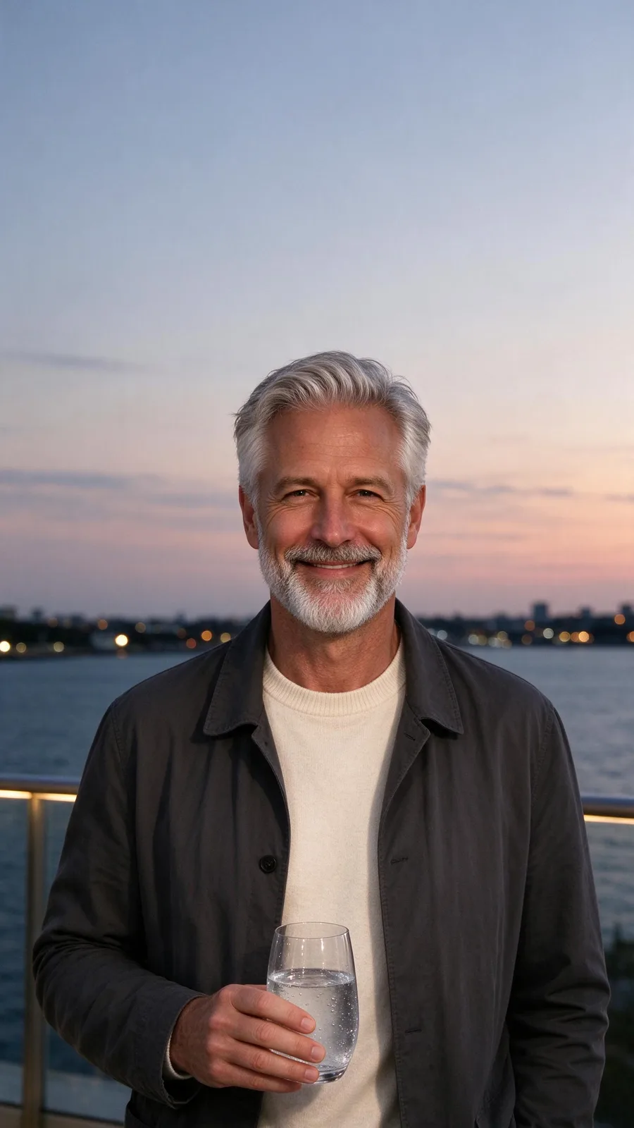 Fictional adult man with a glass of sparkling water on a terrace at dusk