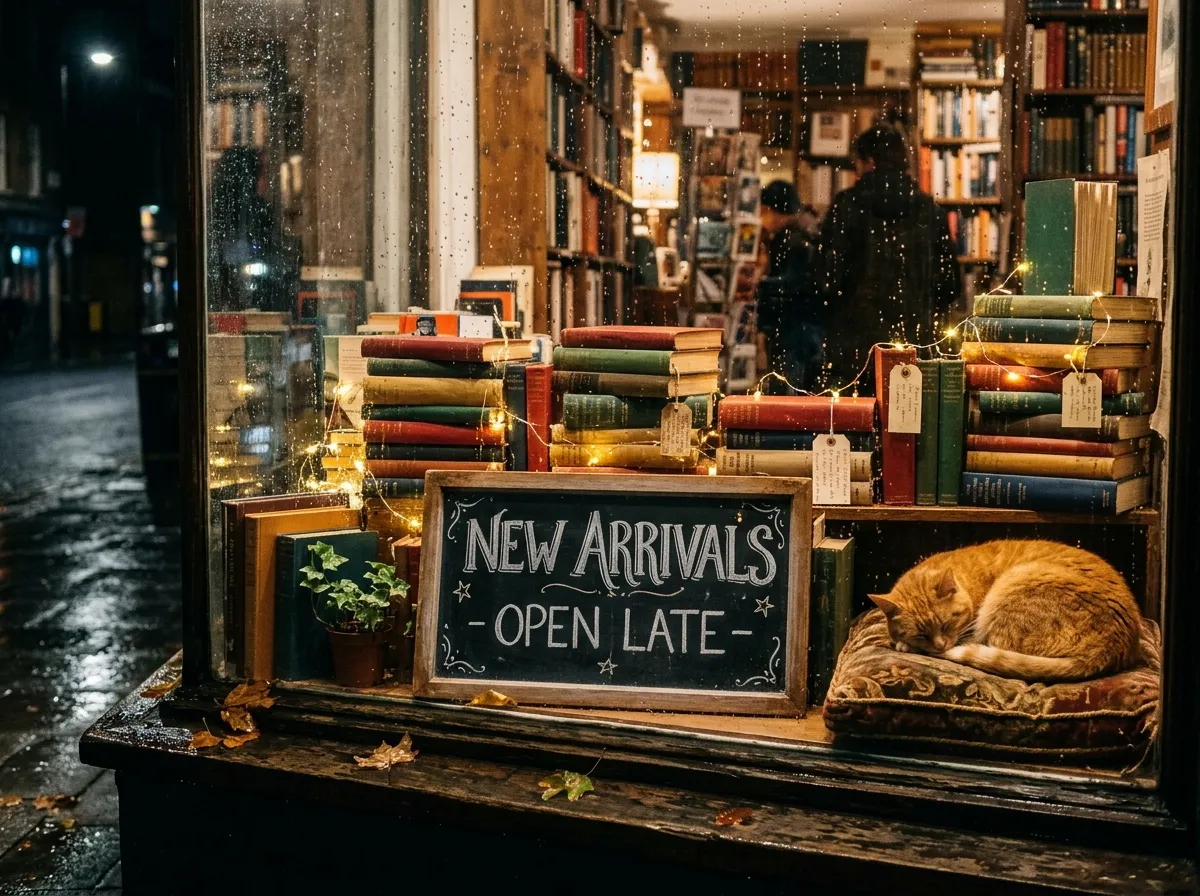 Nano Banana 2.1 result: a chalkboard reading New Arrivals, Open Late on a window display with string lights and a sleeping ginger cat