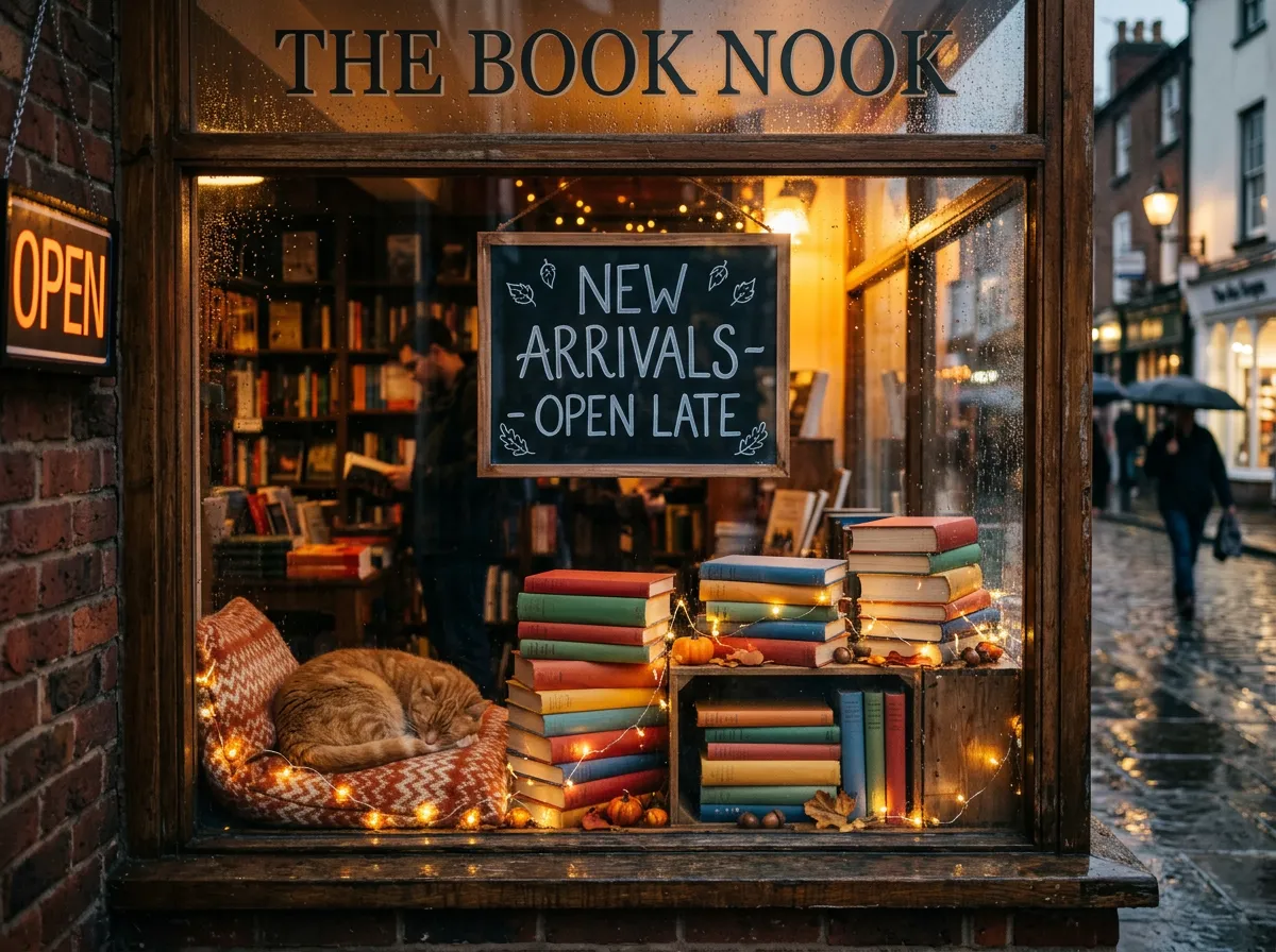 Nano Banana 2 result: a bookshop window with a chalkboard reading New Arrivals, Open Late, plus an extra shop sign reading The Book Nook and a neon Open sign