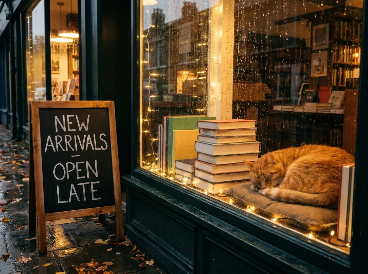 Nano Banana Pro result: a sidewalk chalkboard reading New Arrivals, Open Late outside a rain-streaked window with a sleeping ginger cat