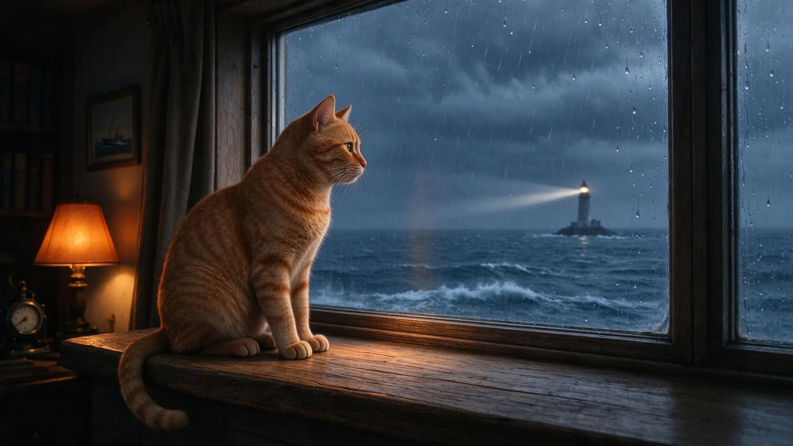 Foto original generada de un gato naranja en un alféizar frente a un mar tormentoso