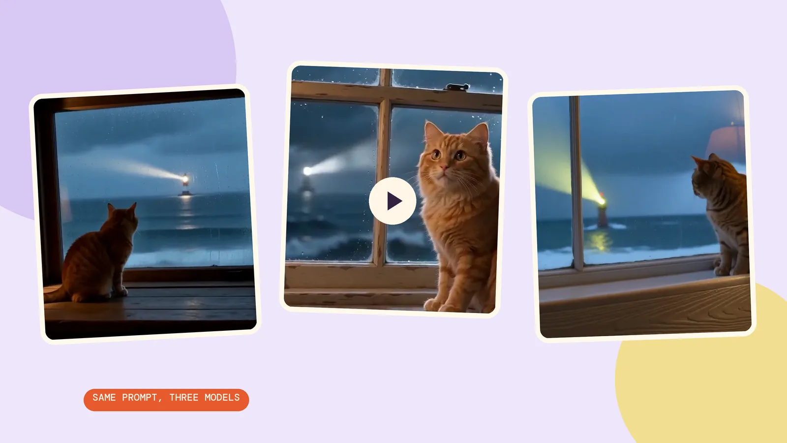 Un gato naranja en la ventana de un faro, interpretado por tres modelos de video con IA