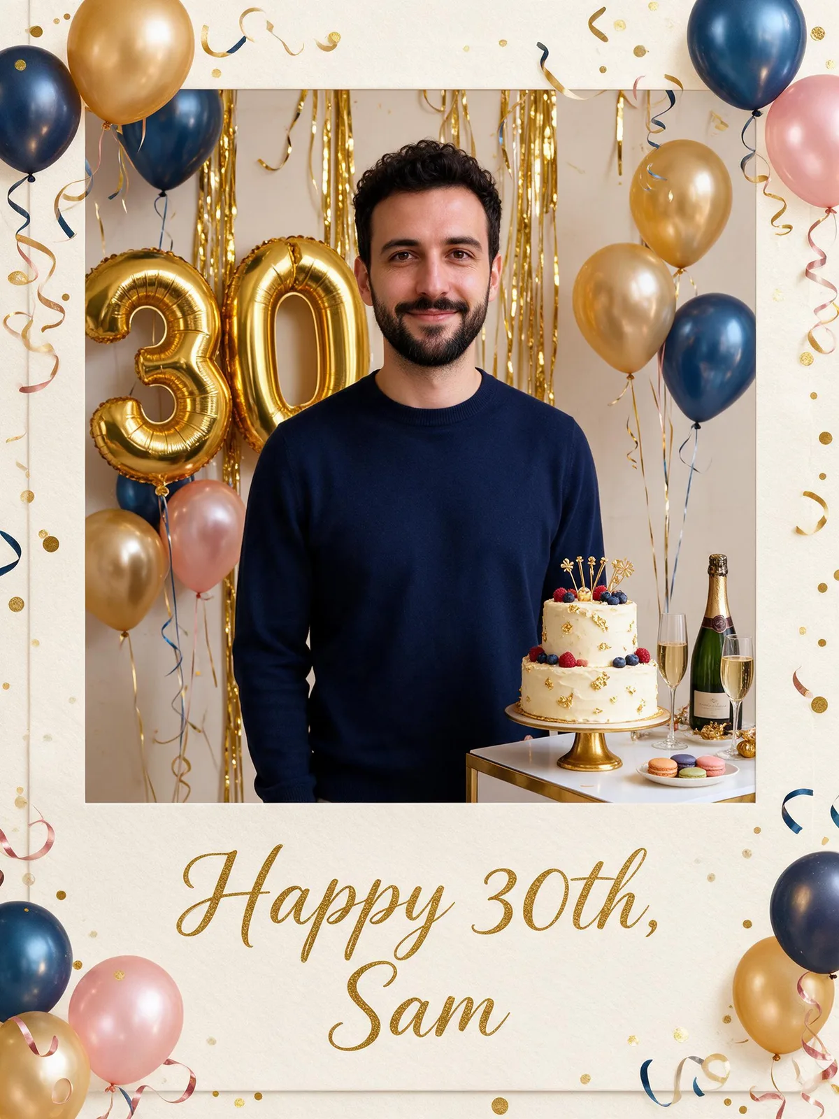 The same man on a framed birthday card with gold thirty balloons