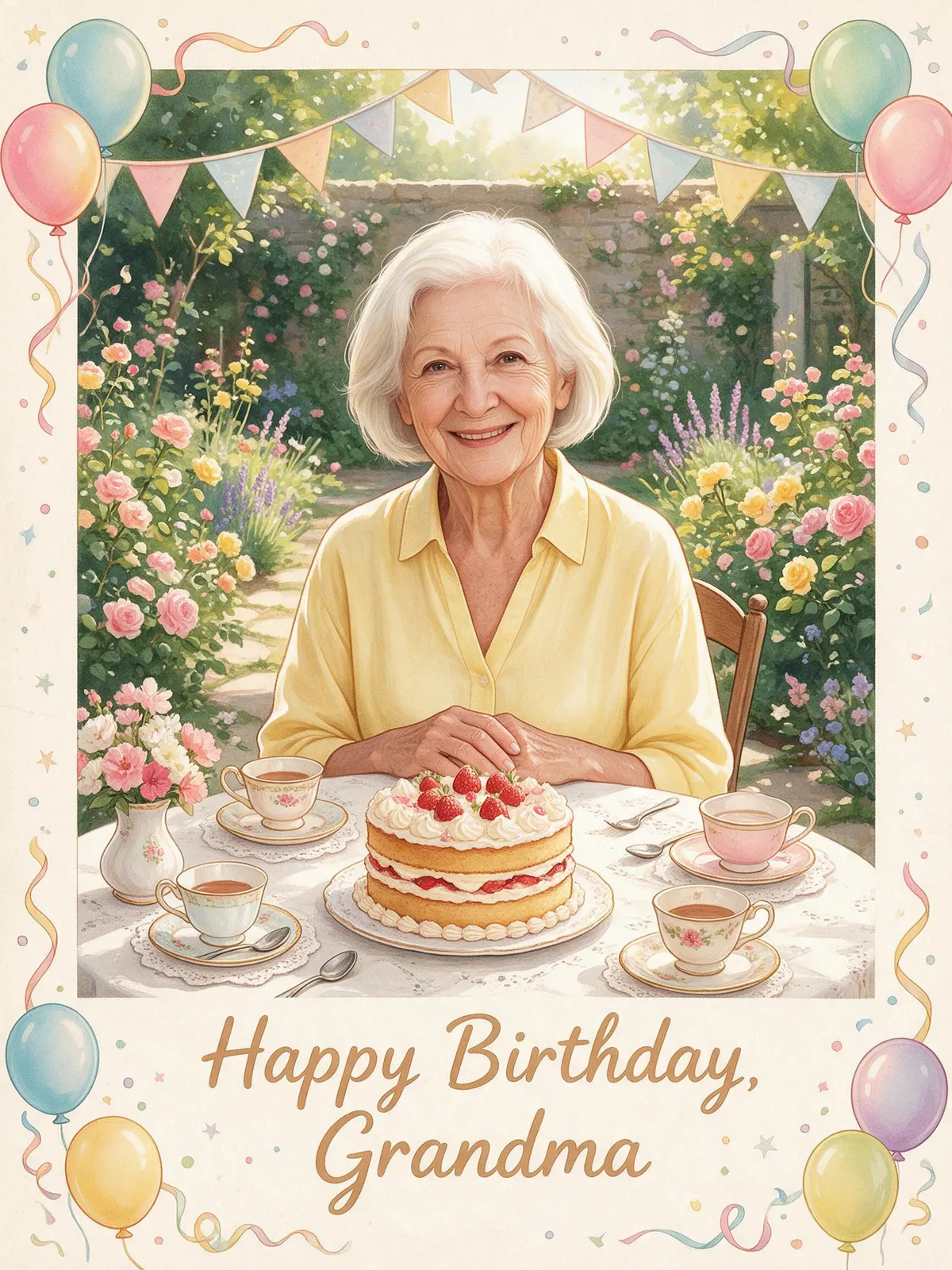 A painted birthday card of the same woman at a garden tea party