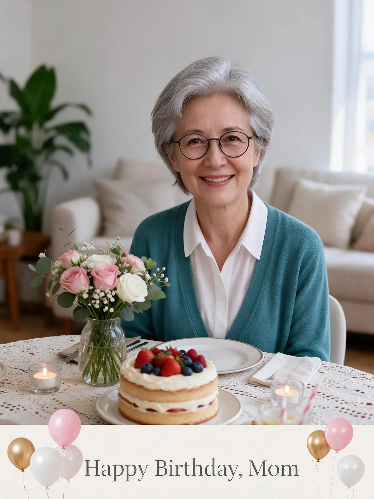 The same woman at a birthday dinner above a pale greeting band