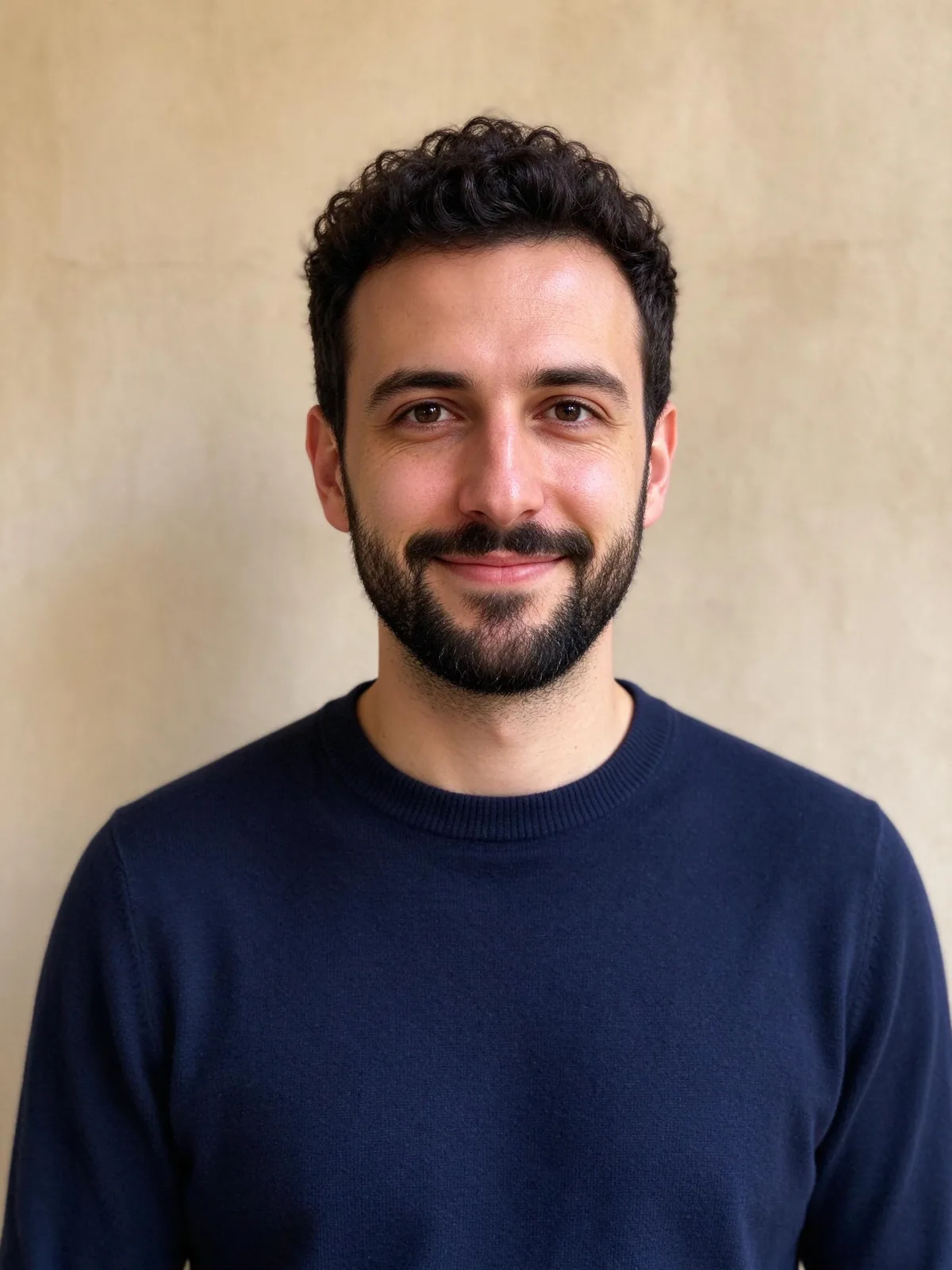 Fictional adult man with curly dark hair, a beard and a navy sweater