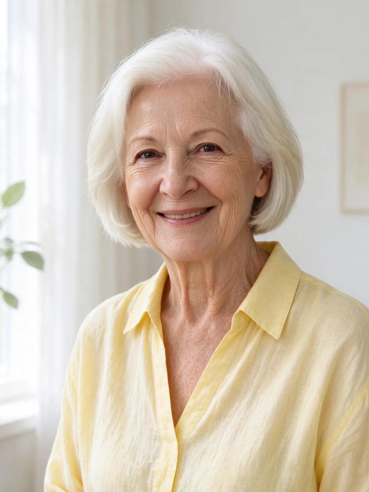 Fictional older adult woman with a white bob and pale yellow shirt