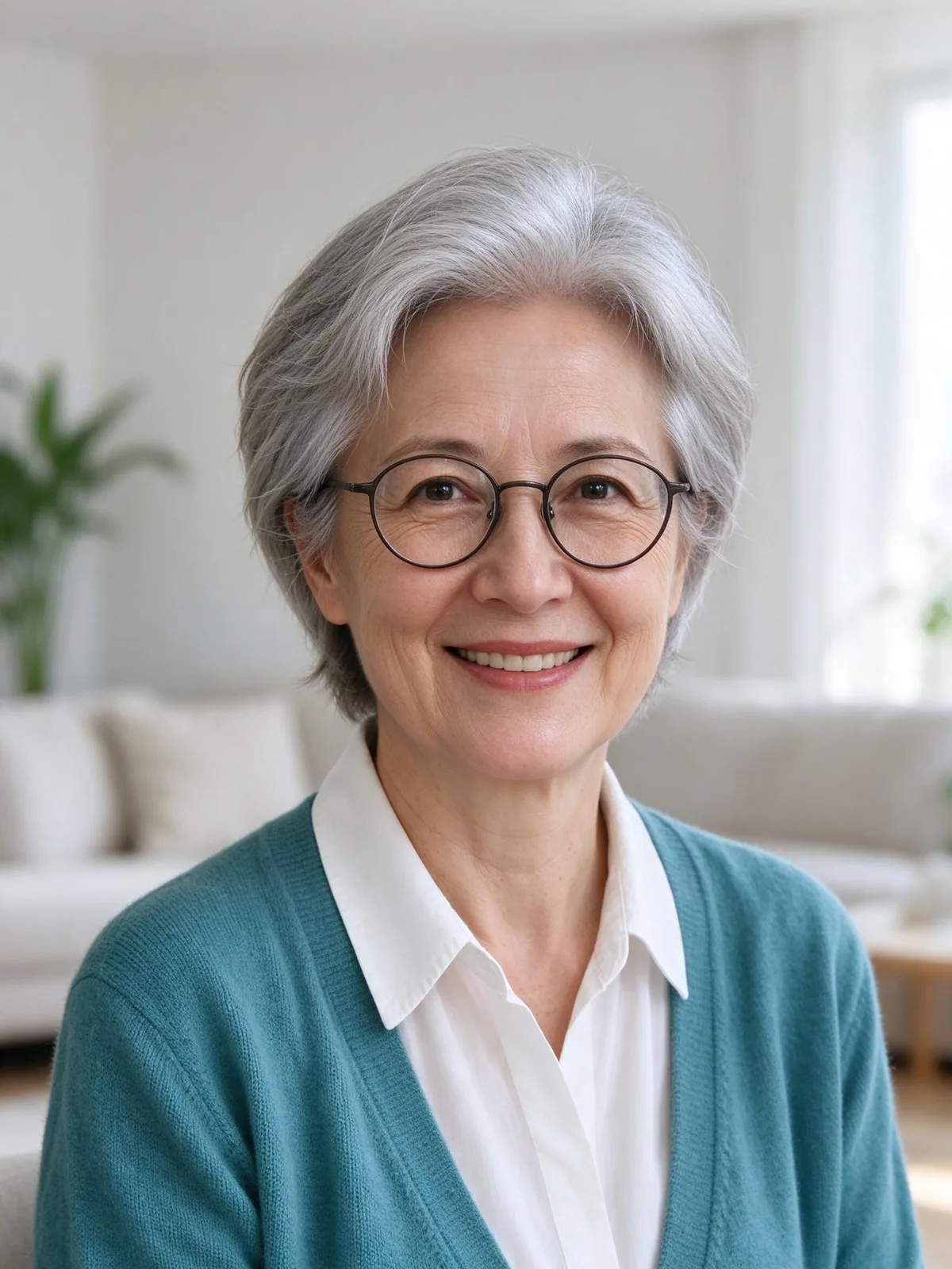 Fictional adult woman with silver hair, round glasses and a teal cardigan