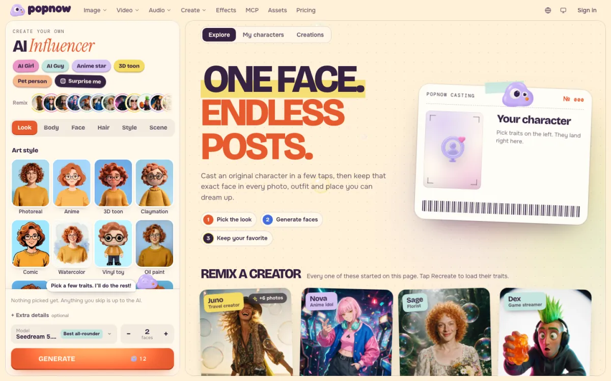 The PopNow AI influencer page with trait groups on the left, the model picker, the number of faces and the Generate button, and sample creators to remix on the right