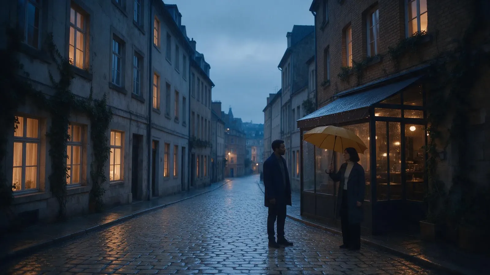 Wide shot of a rainy cobblestone street at blue hour, a woman under a shop awning holding a yellow umbrella while a man waits in the rain