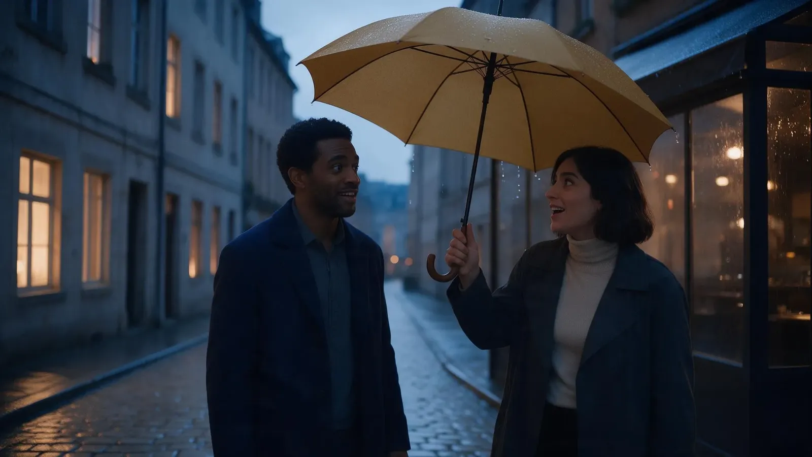 Medium two-shot of the man and woman under one yellow umbrella, smiling in surprise on a wet street at dusk