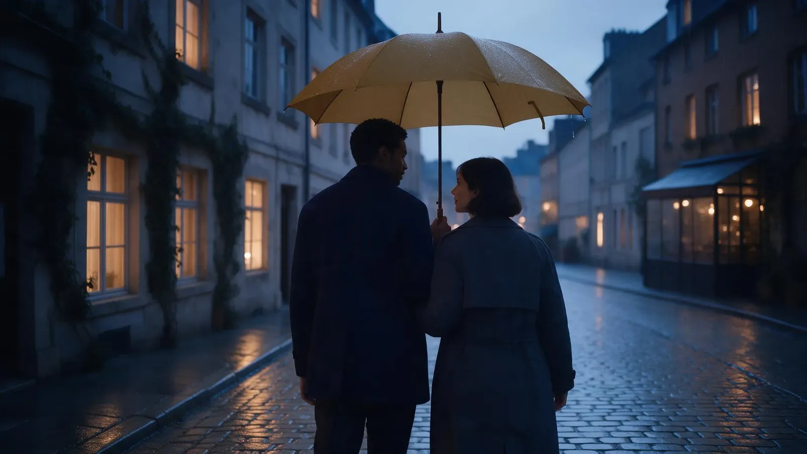 The man and woman seen from behind, walking together down a rainy street under the yellow umbrella