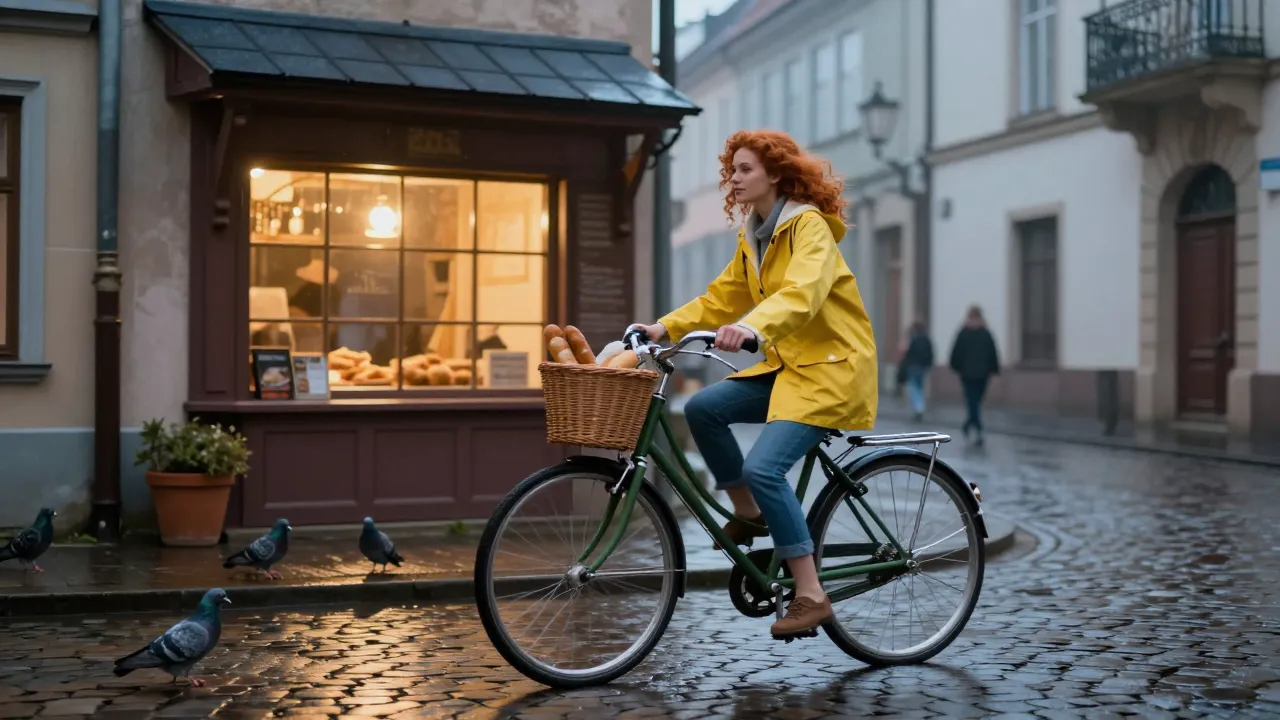 A still photo of the red-haired woman on her green bicycle in front of a bakery window, pigeons on the cobblestones