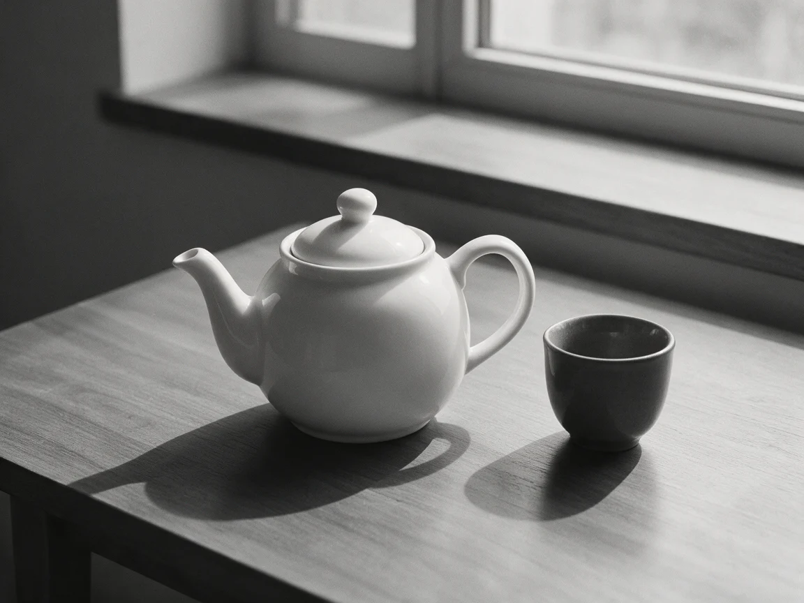 窗边白色茶壶与深色杯子的黑白照片