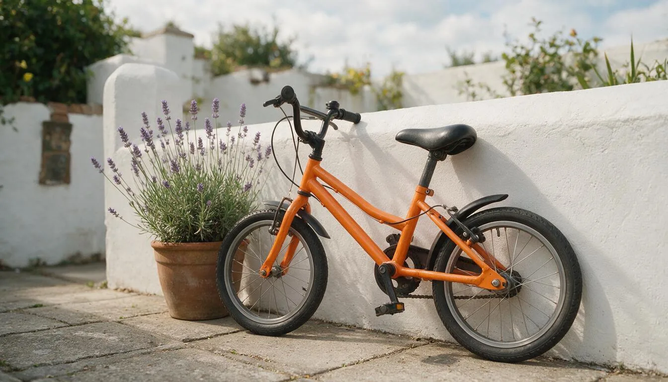 Ein orangefarbenes Fahrrad neben Lavendel im Topf und einer weißen Gartenmauer