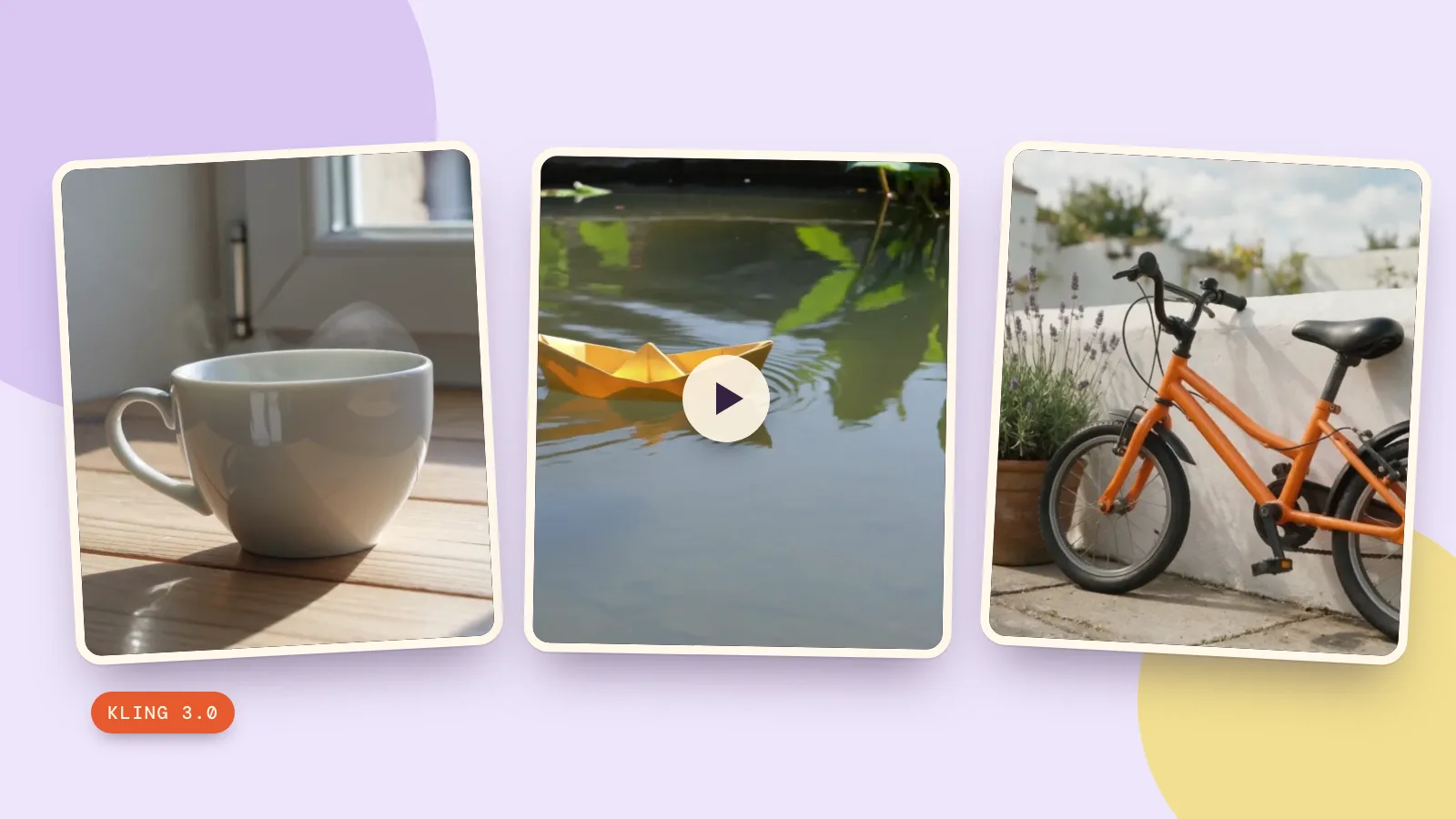 Eine weiße Teetasse, ein gelbes Papierboot und ein orangefarbenes Fahrrad aus drei eigenen Kling-Videotests
