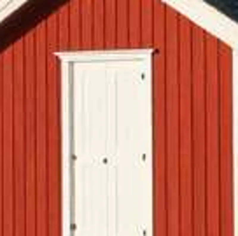 Close-up of a red wooden cabin door from the small 400 by 225 pixel image, soft and blocky