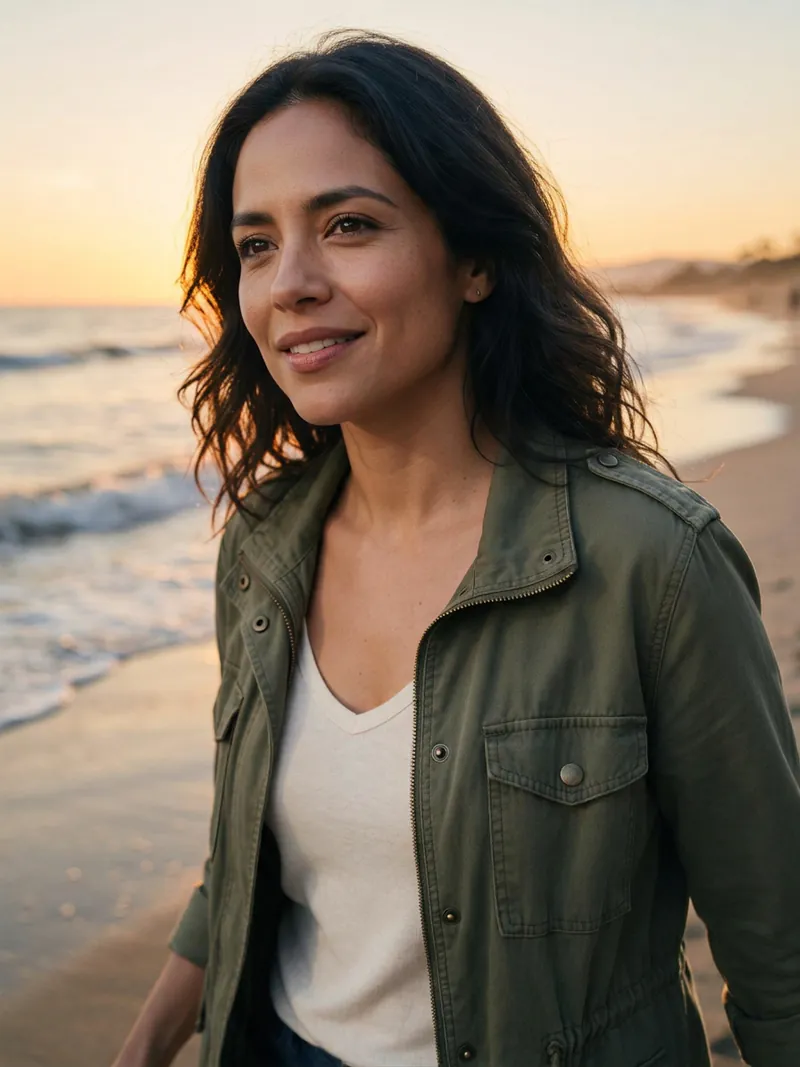 The same woman and jacket, now standing on a golden-hour beach with soft waves behind her