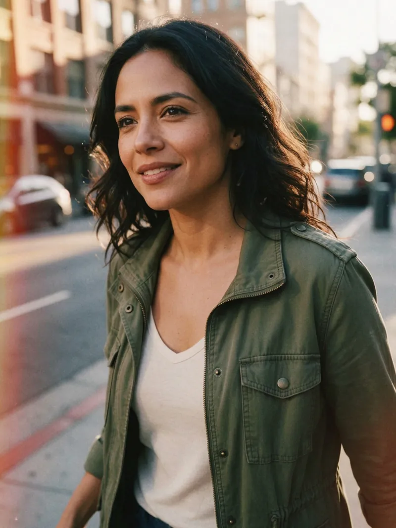 The street portrait with visible film grain, faded warm colors and an orange light leak along the left edge
