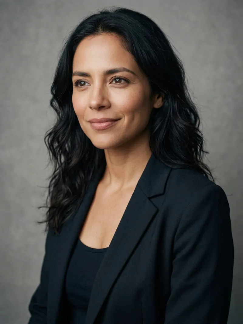 The woman against a plain soft grey studio backdrop in a dark blazer, lit evenly