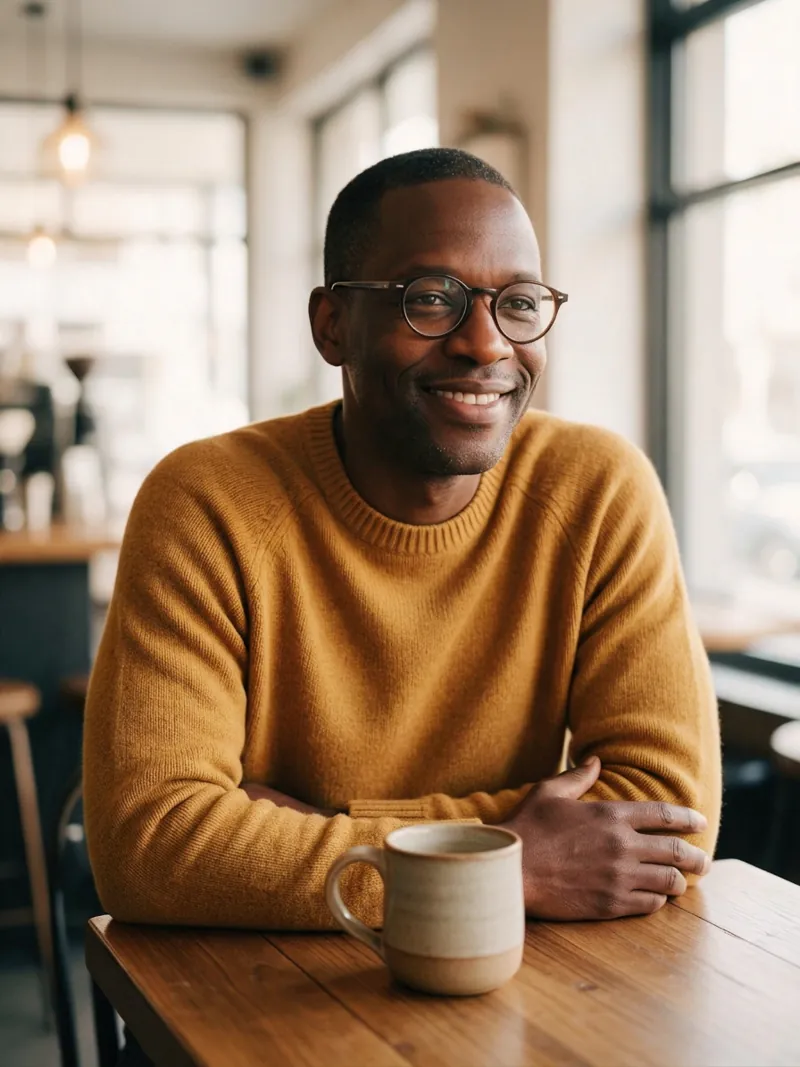 The man in the coffee shop with warmer, softer light and less glare from the window