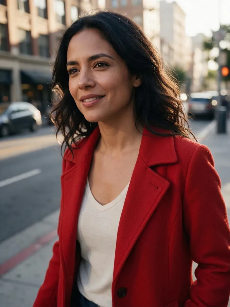 The same woman and street, now wearing a red wool coat instead of the olive jacket