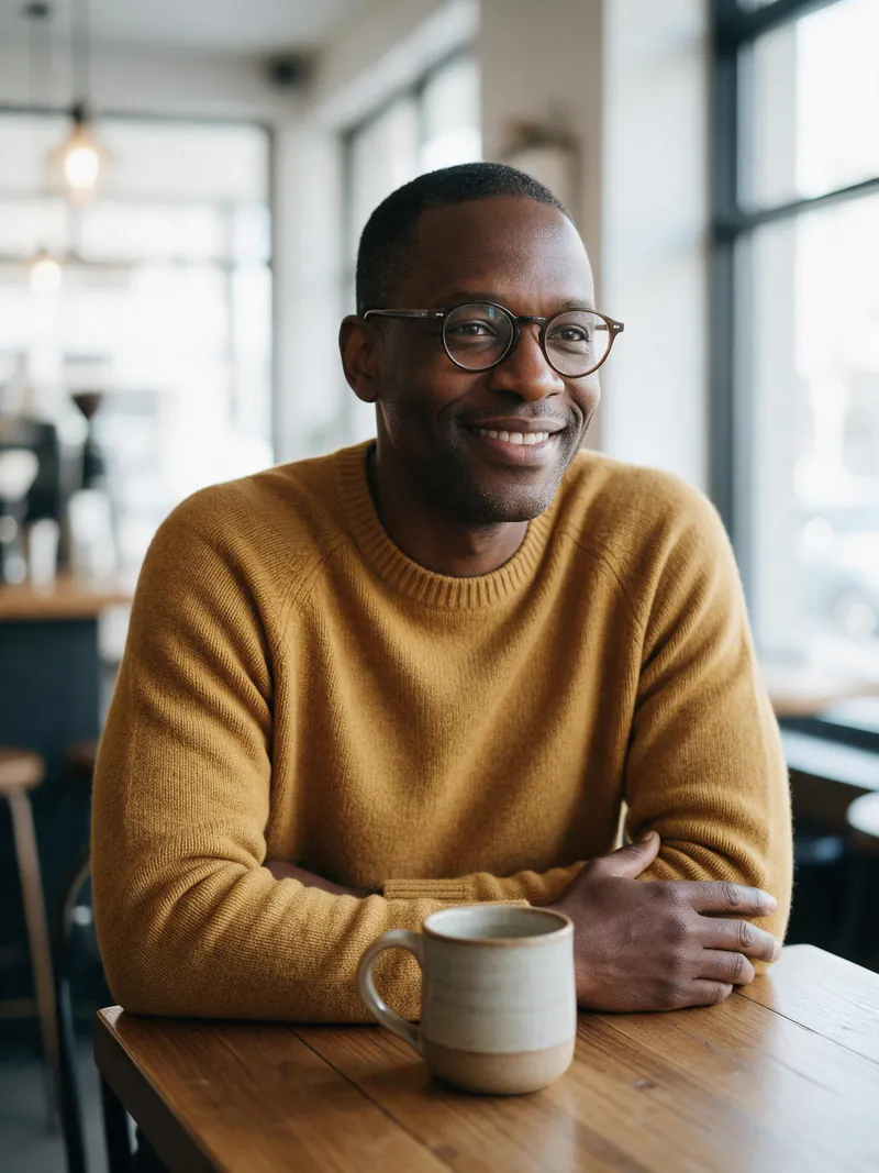 A man with round glasses in a mustard sweater sitting at a wooden table in a coffee shop