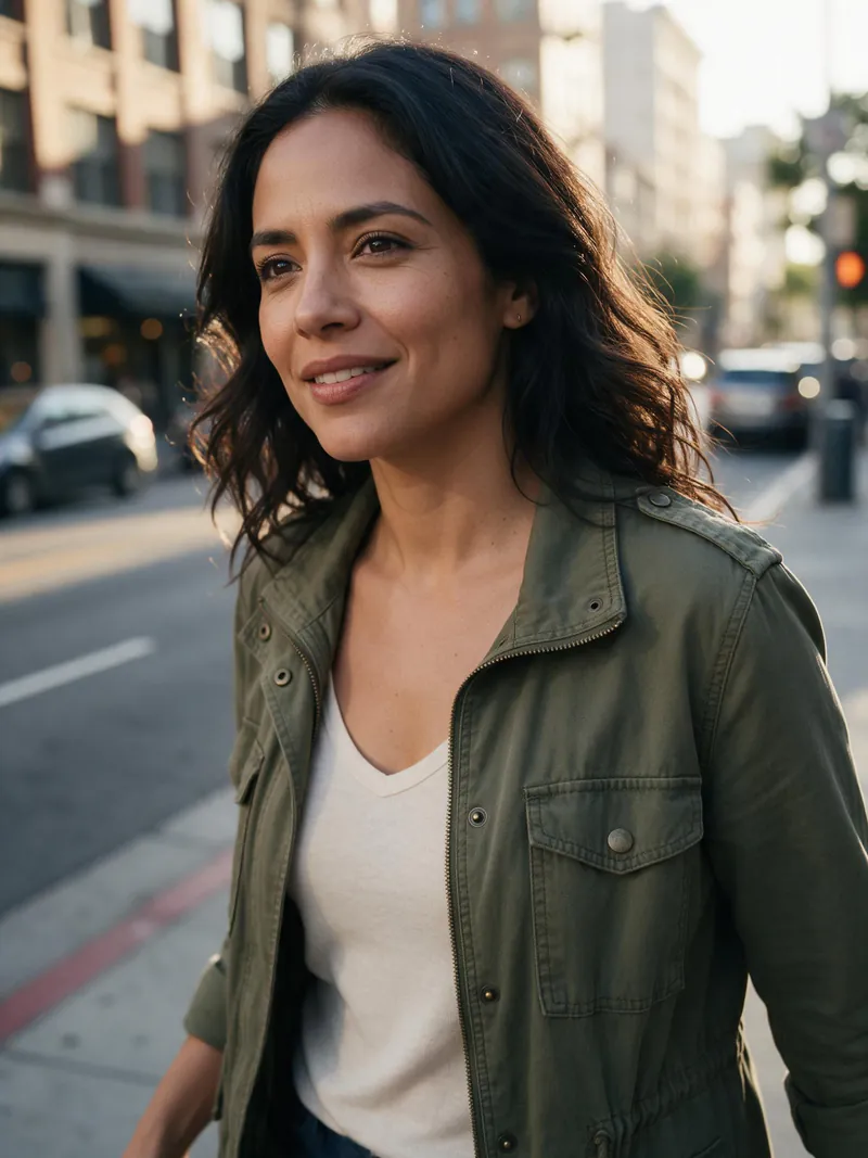 A woman with wavy dark hair in an olive jacket walking on a sunlit city street