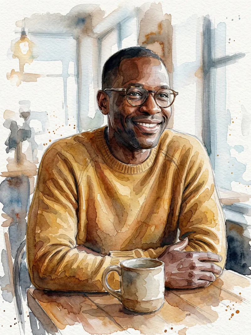 A loose watercolor illustration of the man in the coffee shop with visible paper texture