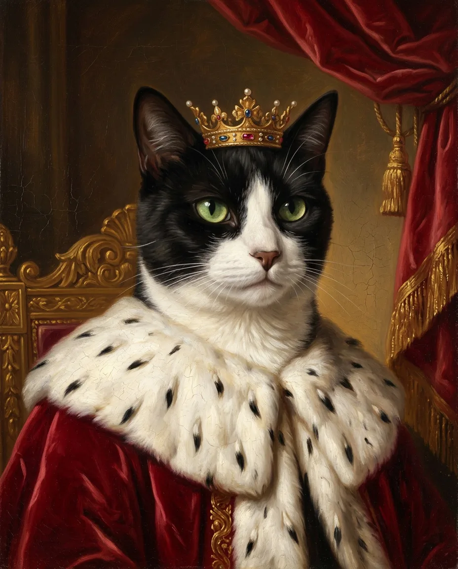 The same tuxedo cat wearing a crown and a crimson royal robe
