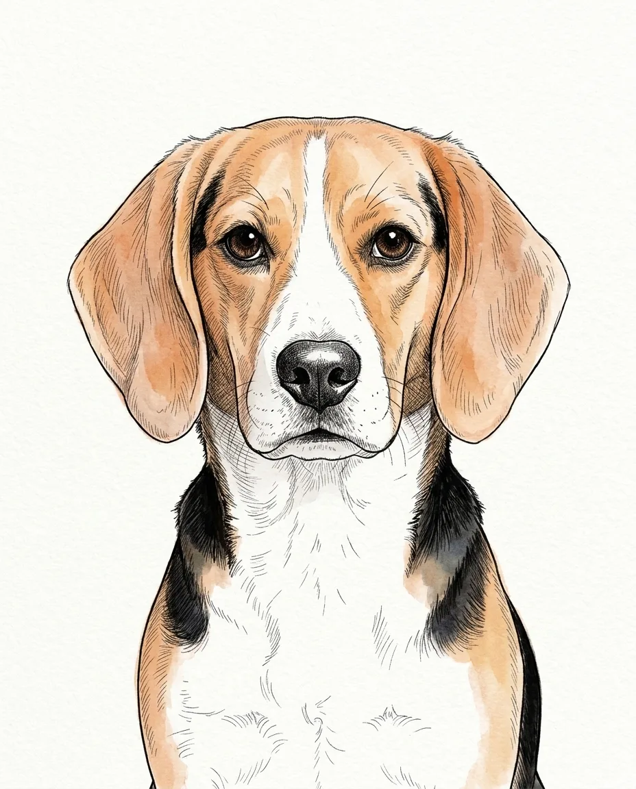 The same beagle drawn with ink contours, hatching and a light color wash