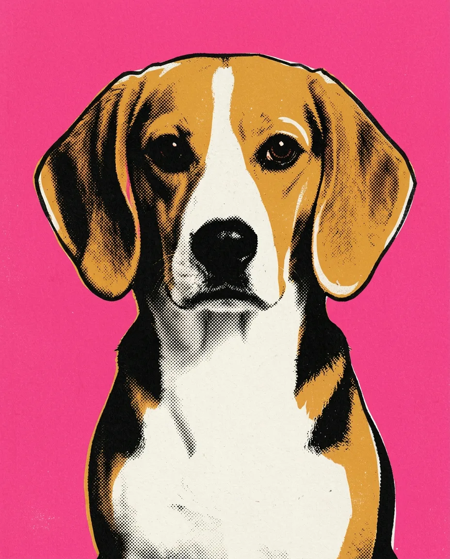 The same beagle in flat inks and halftone dots on hot pink