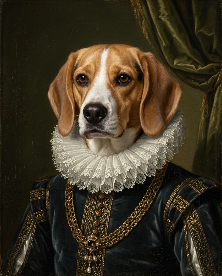 The same beagle in velvet and a lace ruff in an oil portrait