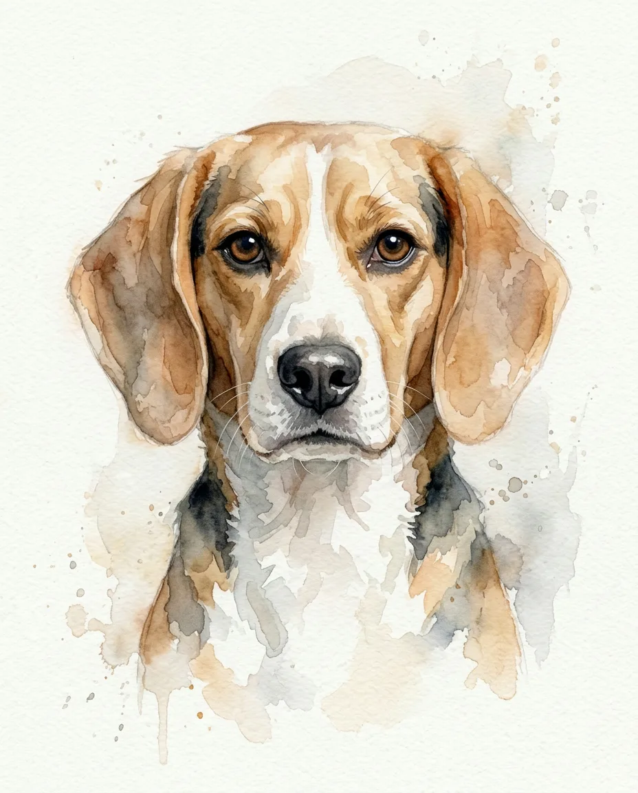 The same beagle painted in loose watercolor washes on white paper